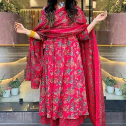 DIVASTRI Floral Printed V-Neck Panelled Anarkali Kurta With Palazzos & Dupatta-picture-31