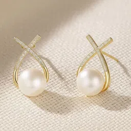 Vembley Gold-Plated Cubic Zirconia & Pearls Studded Spherical Shaped Studs image 4