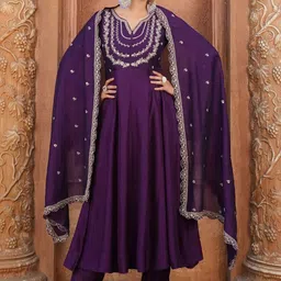 Previah Women Floral Embroidered Regular Chanderi Cotton Kurta with Trousers & With Dupatta-picture-37