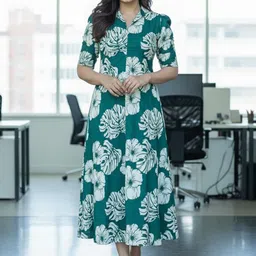 SHINISHA Floral Print Puff Sleeve A-Line Midi Dress image 2