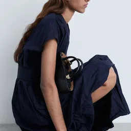 MANGO Crinkled Effect V-Neck Belted Detail Front-Open A-Line Midi Dress image 3