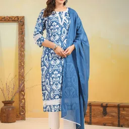 AUTUMN LANE Floral Printed Round Neck Pure Cotton Straight Kurta With Trousers & Dupatta-image-72