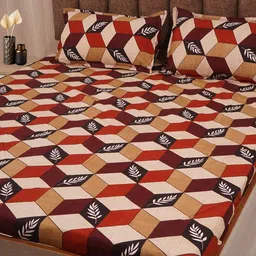 Adwitiya Maroon & Beige Geometric 210 TC Double Queen Bedsheet with 2 Pillow Covers image 1