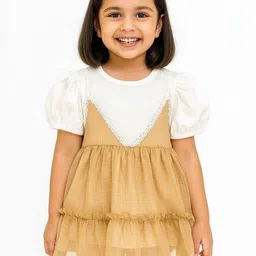 POP STREET KIDS Girls Colourblocked Round Neck Puff Sleeve Fit & Flare Mini Dress-picture-19