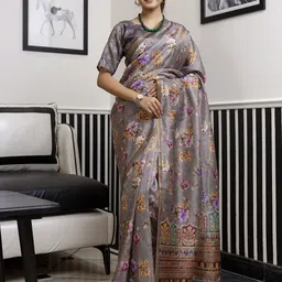 Satrani Floral Printed Zari Saree With Unstiched Blouse Piece-image-43