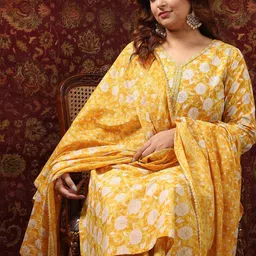 EXTRA LOVE BY LIBAS Floral Printed Thread Work V-Neck Kurta With Trousers & Dupatta image 1