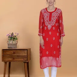 PARAMOUNT CHIKAN Women Ethnic Motifs Embroidered Chikankari Floral Georgette Kurta-picture-14
