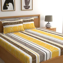 Dreamscape Yellow & White Geometric 144 TC Queen Bedsheet With 2 Pillow Covers-picture-16