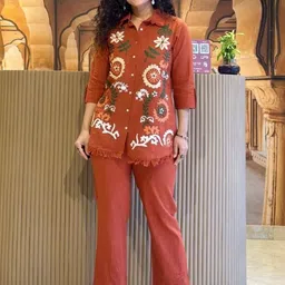 Ramyka Embroidered Pure Cotton Shirt Collar Shirt With Trousers Co-Ords-picture-32