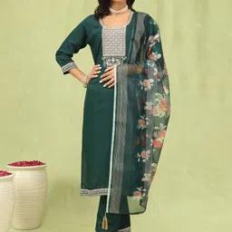 VredeVogel Floral Yoke Design Thread Work Straight Kurta with Trousers & With Dupatta-picture-40