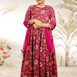 VASTRAMAY Girls Floral Printed Empire Pure Cotton Kurta with Pyjamas & Dupatta-picture-36