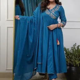 HERE&NOW Women Floral Embroidered Angrakha Thread Work Chanderi Silk Kurta with Trousers & With Dupatta-picture-20