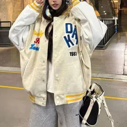 KPOP Women Typography Colourblocked Varsity Jacket with Embroidered-picture-13