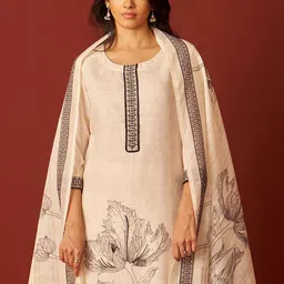 Indo Era Women Floral Printed Regular Thread Work Linen Kurta with Trousers & With Dupatta image 5