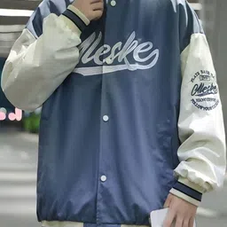 KPOP Men Typography Colourblocked Varsity Jacket image 1