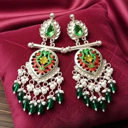 TESSARA Silver Plated Kundan Studded & Beaded Geometric Drop Earrings image 4