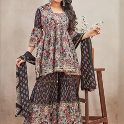 SZN Floral Printed Round Neck Tiered Kurta With Sharara & Dupatta image 5