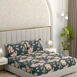 Pure Decor Blue & Brown Floral 220 TC Queen Bedsheet with 2 Pillow Covers-image-94