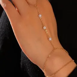 MUNMUN'S Gold-Plated Pearls Beaded Haathphool Ring Bracelet image 2