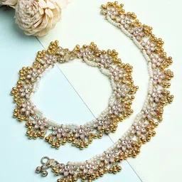 KARATCART Set Of 2 Gold-Plated White Kundan-Studded Anklets-picture-12