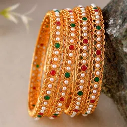 Shoshaa Set Of 4 Gold-Plated Stone-Studded Bangles-image-6