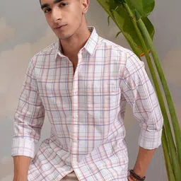 HIGHLANDER White Classic Slim Fit Tartan Checked Spread Collar Cotton Casual Shirt-picture-24