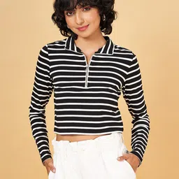 People Black Striped Shirt Collar Long Sleeves Crop Top-image-39