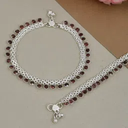 Silvermerc Designs Set Of 2 Silver-Plated & Brown Stone Studded Design Detailed Anklet-picture-26