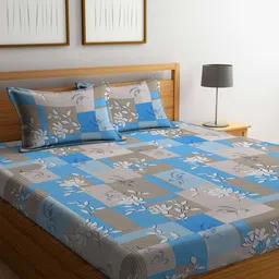 KLOTTHE Blue & White Floral Printed Pure Cotton 400 TC King Bedsheet With 2 Pillow Covers-image-83