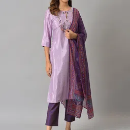 W Women Purple Printed Kurta with Trousers & With Dupatta-image-20