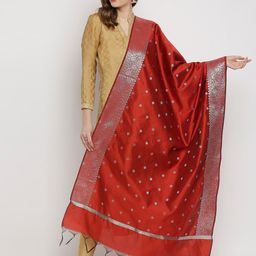Dupatta Bazaar Red & Silver-Toned Ethnic Motifs Woven Design Dupatta-picture-13