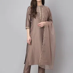Janasya Women Embroidered Yoke Design Chinon Kurta with Pant & Dupatta-picture-30