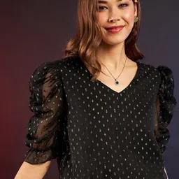 DressBerry Embellished V-Neck Puff Sleeve Top-image-6