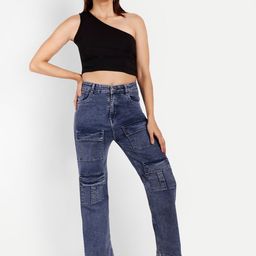 Next One Women Smart Wide Leg High-Rise Heavy Fade Stretchable Cargo Jeans-picture-46