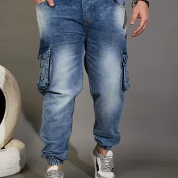 bigbanana Men Plus Size Blue Comfort Jogger Mildly Distressed Heavy Fade Stretchable Jeans-picture-24