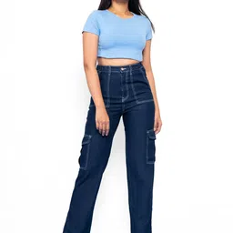 FREAKINS Women Blue Straight Cargo Mildly Distressed Light Fade Jeans-image-21