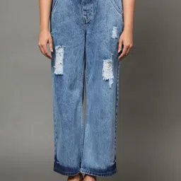 AngelFab Women Jean Wide Leg High-Rise Mildly Distressed Light Fade Cotton Jeans-picture-5