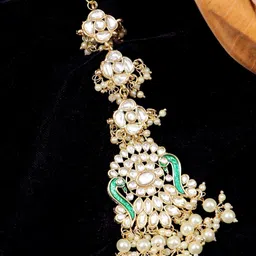 Crunchy Fashion Gold-Plated Sea Green Kundan Peacock Maang Tika-picture-33