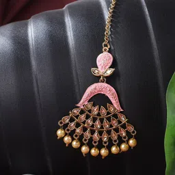ANIKAS CREATION Gold-Plated Pink & Beige Stone-Studded & Beaded Meenakari Maang Tikka-image-8