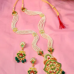 Crunchy Fashion Gold Plated White Kundan Studded & Green Beaded Meenakari Jewellery Set-picture-40