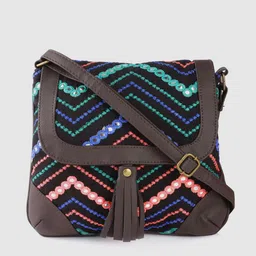 Anouk Black & Blue Chevron Embroidered Sling Bag with Tasselled & Mirror-Work Detail image 1