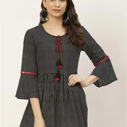FABRIC FITOOR Women Black Geometric Print Tie-Up Neck Longline Top-picture-36