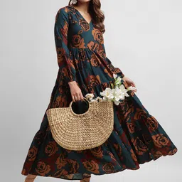 KALINI Floral Printed V-Neck Fit & Flare MIdi Tiered Ethnic Dress-picture-33
