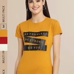 Fabflee Pack Of 3 Women Typography Printed Cotton T-shirts image 1