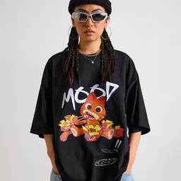 THE CLOTHING FACTORY Graphic Garfield Printed Cotton Oversized Round Neck T-shirt-picture-33
