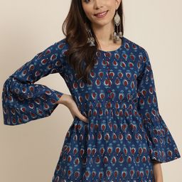 YASH GALLERY Navy Blue & Maroon Printed Bell Sleeves Pure Cotton A-Line Fusion Top-picture-25