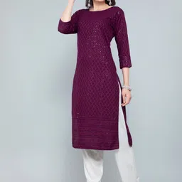 POONAM DESIGNER Women Purple Geometric Flared Sleeves Thread Work Kurta-picture-20