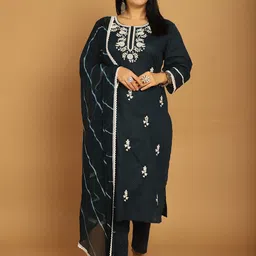 Rajnandini Floral Embroidered Round Neck Thread Work Pure Cotton Kurta Trousers & Dupatta-picture-6