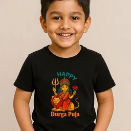 BLUSHES Durga Puja Collection Kids Graphic Printed Round Neck Pure Cotton T-Shirt-picture-55