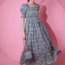 De La Moda Floral Print Puff Sleeve Georgette Fit & Flare Maxi Dress-picture-35